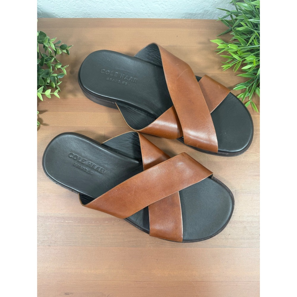 Cole Haan Mens Grand OS Cross Strap British Tan Leather Slide Sandals Size 9